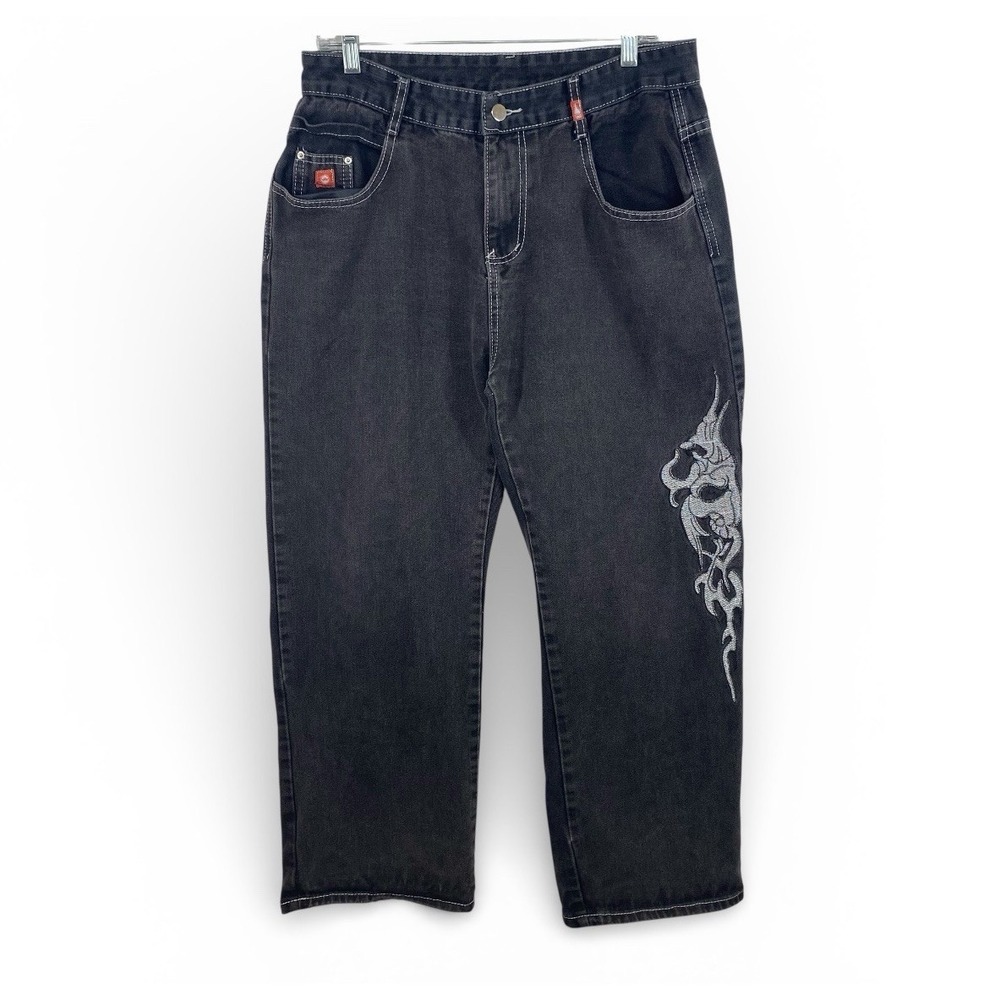 Vintage 90s JNCO Jeans Youth XL Black Wide Leg Embroidered Hip Hop Scater